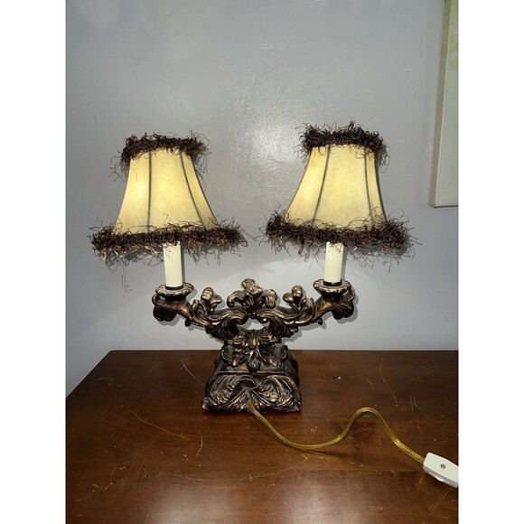 VTG Small Ornate Gilt Finished Two Light Table Lamp Beige Fabric Shades - Picture 3 of 10